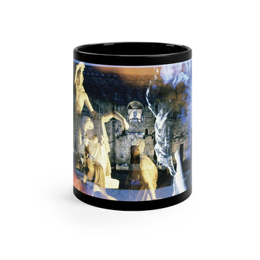 Venus, the Galata and the Theater in Orange black mug by Storaro Art Collection - Roman Venus and Dying Gaul sculptures with theater ruins on sophisticated ceramic drinkware
