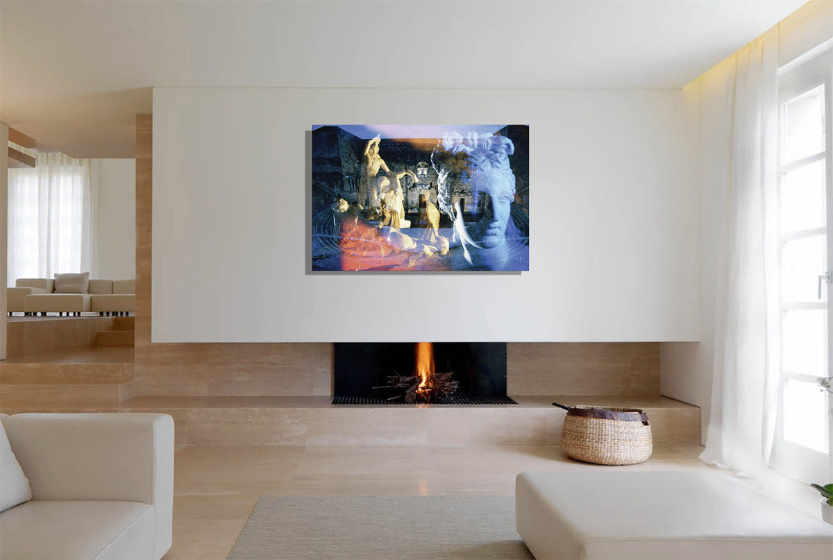 Venus, the Galata and the Theater in Orange canvas print by Storaro Art Collection - Roman Venus and Dying Gaul sculptures with theater ruins on museum-quality wall art
