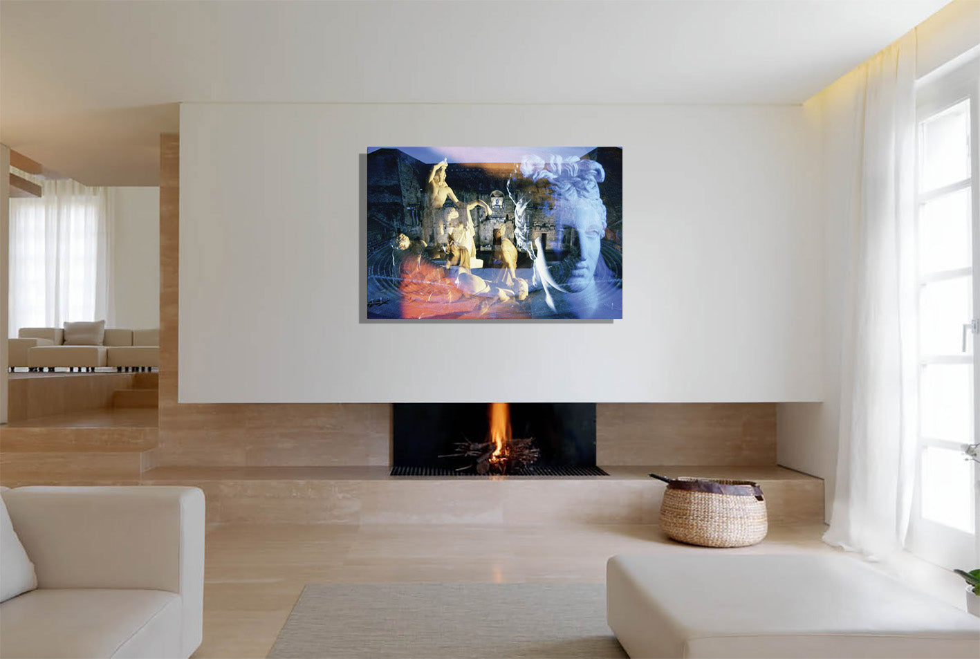 Venus, the Galata and the Theater in Orange canvas print by Storaro Art Collection - Roman Venus and Dying Gaul sculptures with theater ruins on museum-quality wall art
