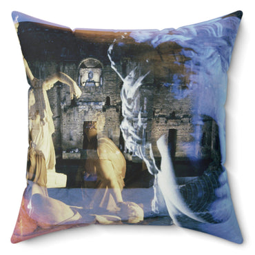 Venus, the Galata and the Theater in Orange decorative pillow by Storaro Art Collection - Roman Venus and Dying Gaul sculptures with theater ruins on premium home decor accessory
