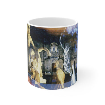 Venus, the Galata and the Theater in Orange white mug by Storaro Art Collection - Roman Venus and Dying Gaul sculptures with theater ruins on elegant ceramic drinkware
