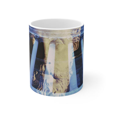 Visions of Marcus Aurelius white mug by Storaro Art Collection - Philosopher emperor Marcus Aurelius with temple columns on elegant ceramic drinkware
