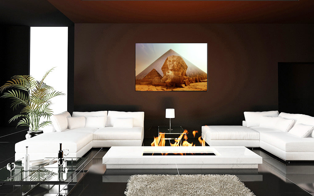 Works of Man acrylic print by Storaro Art Collection - Great Sphinx and Giza pyramids with golden desert atmosphere in luminous premium wall art
