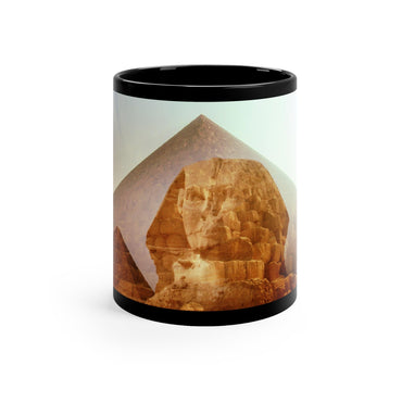 Works of Man black mug by Storaro Art Collection - Great Sphinx and Giza pyramids with golden desert atmosphere on sophisticated ceramic drinkware

