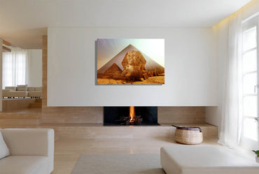 Works of Man canvas print by Storaro Art Collection - Great Sphinx and Giza pyramids with golden desert atmosphere on museum-quality wall art
