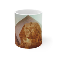 Works of Man white mug by Storaro Art Collection - Great Sphinx and Giza pyramids with golden desert atmosphere on elegant ceramic drinkware
