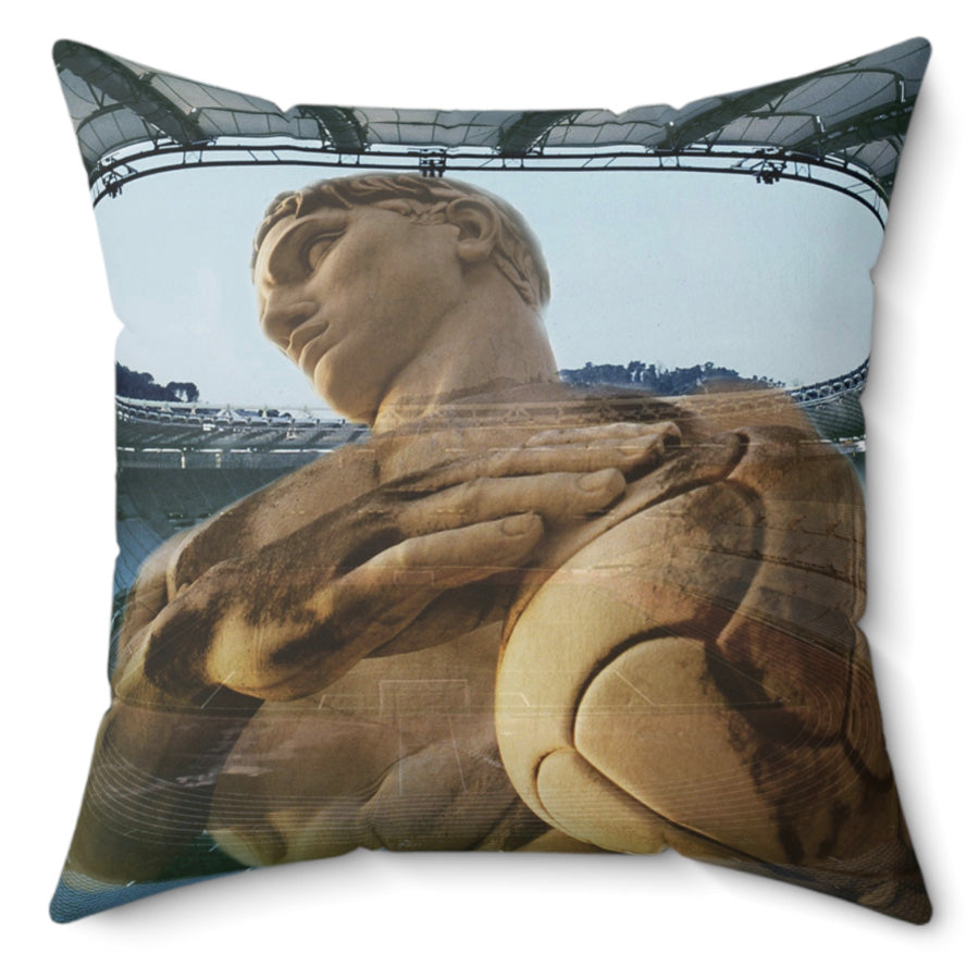 olympic Stadium in Rome decorative pillow - Classical marble athlete statue superimposed on modern Stadio Olimpico architecture on premium square cushion